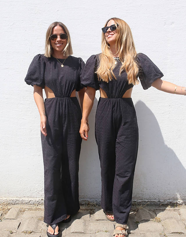 Labelrail - x collyer twins broderie puff sleeve cut-out detail jumpsuit in black