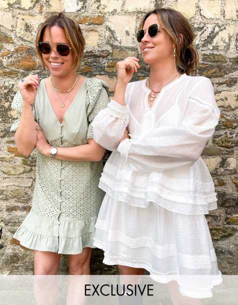 Labelrail x Collyer Twins button through mini dress with ruffle shoulder in broderie - view 1