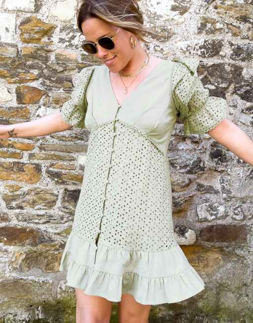 Labelrail x Collyer Twins button through mini dress with ruffle shoulder in broderie, 3 of 4