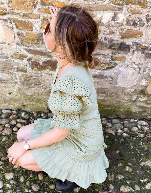 Labelrail x Collyer Twins button through mini dress with ruffle shoulder in broderie, 4 of 4
