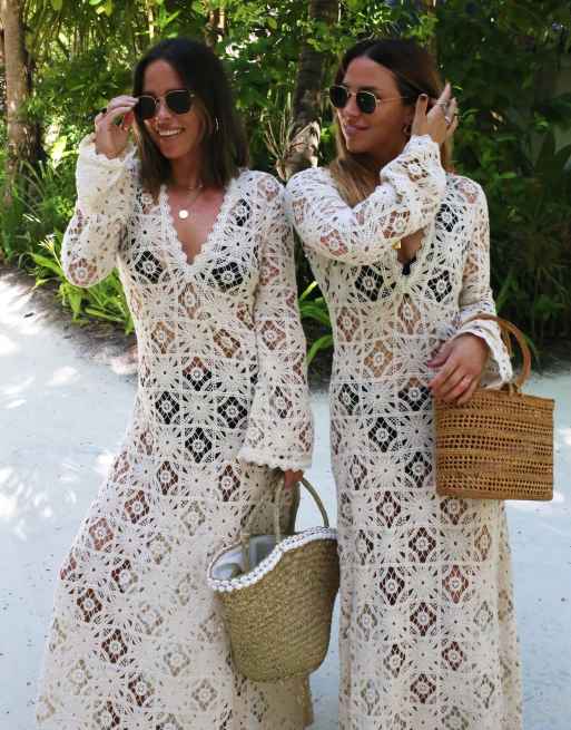 ASOS DESIGN long sleeve maxi crochet dress in cream