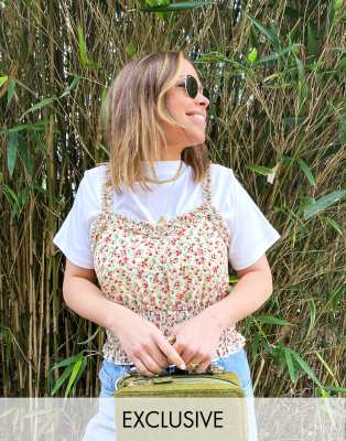 Labelrail Labelrail x Collyer Twins crop top with shirring in ditsy floral-White