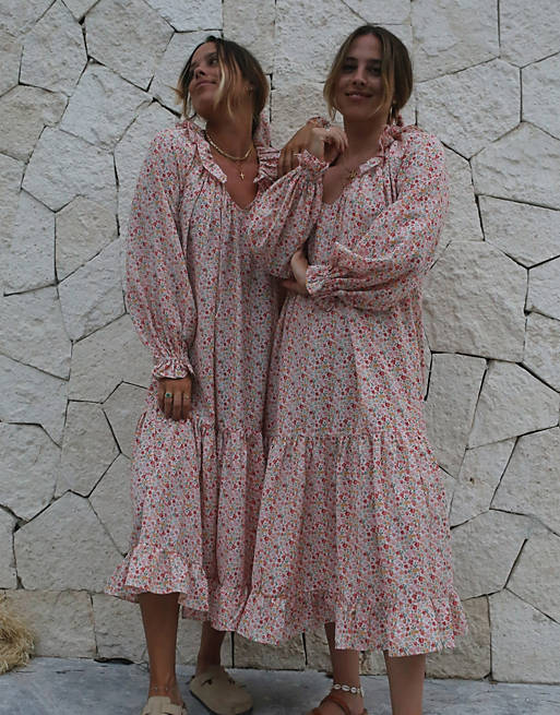 Labelrail x Collyer Twins frill midaxi dress with balloon sleeves in pink ditsy print