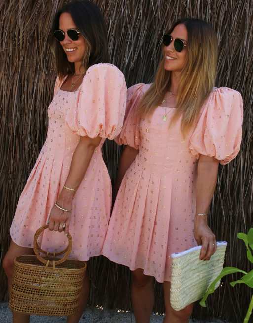 Labelrail x Collyer Twins gold applique puff sleeve mini dress in washed orange