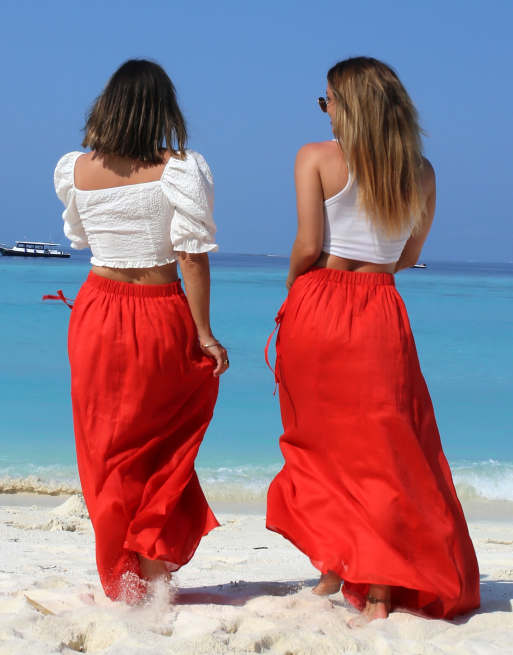 Labelrail x Collyer Twins Gonna lunga avvolgente in voile con dettaglio allacciato rosso slavato ASOS