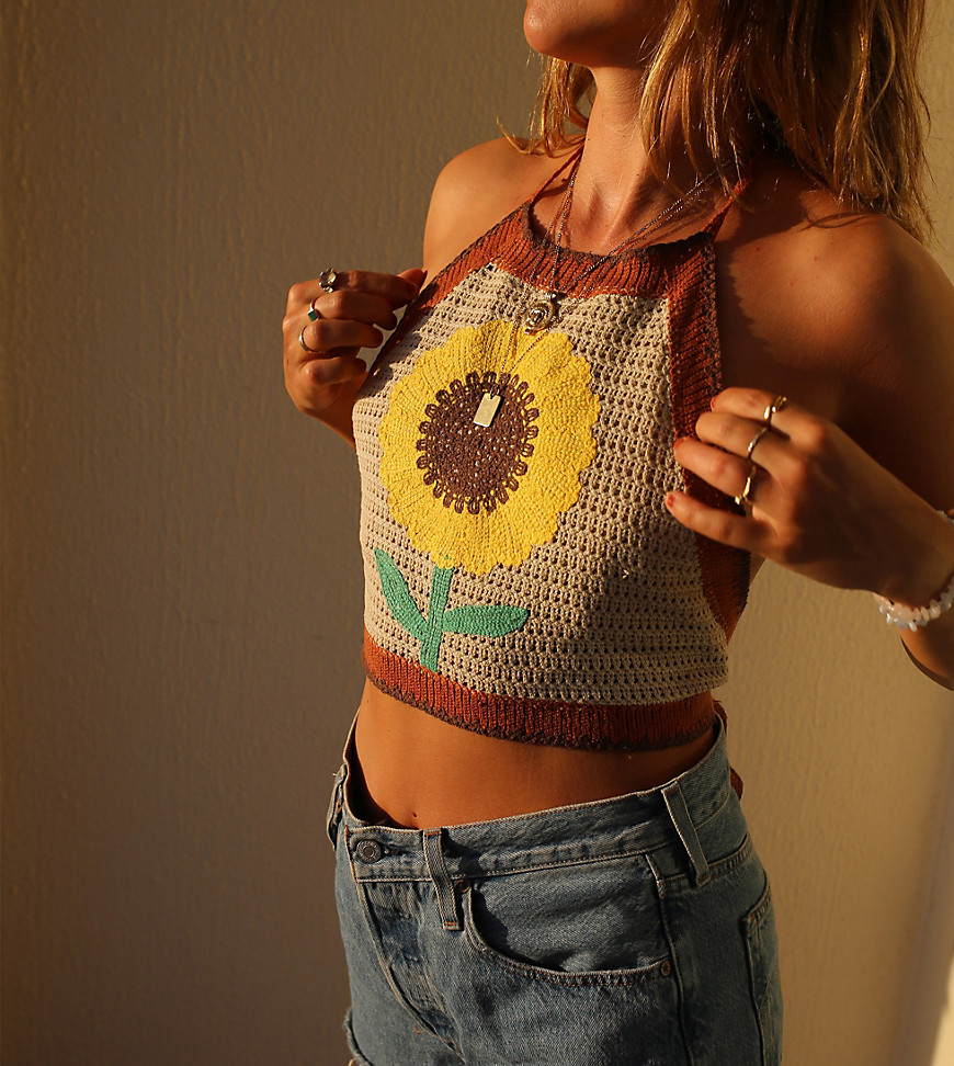 X Collyer Twins halterneck sunflower crochet knitted crop top