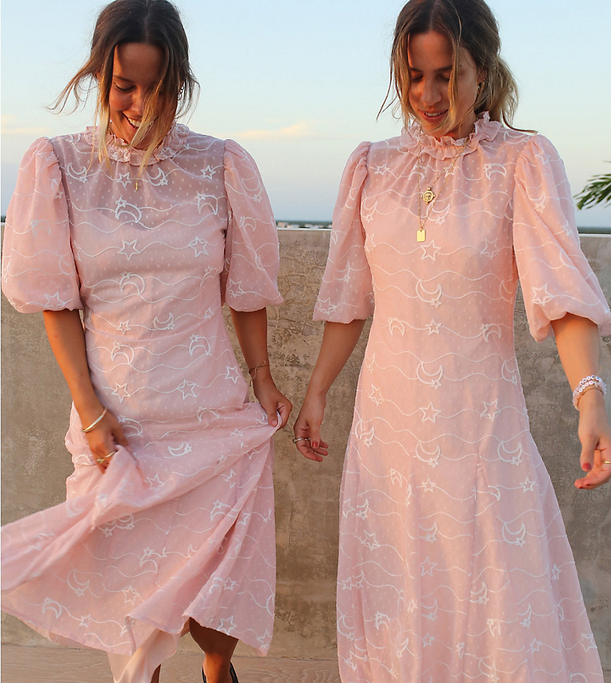 Labelrail x Collyer Twins high neck midaxi dress with sheer embroidery in pale pink
