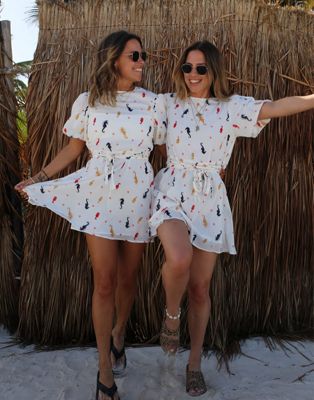 Labelrail x Collyer Twins mini puff sleeve dress in seahorse print with woven tie waist in white - ASOS Price Checker