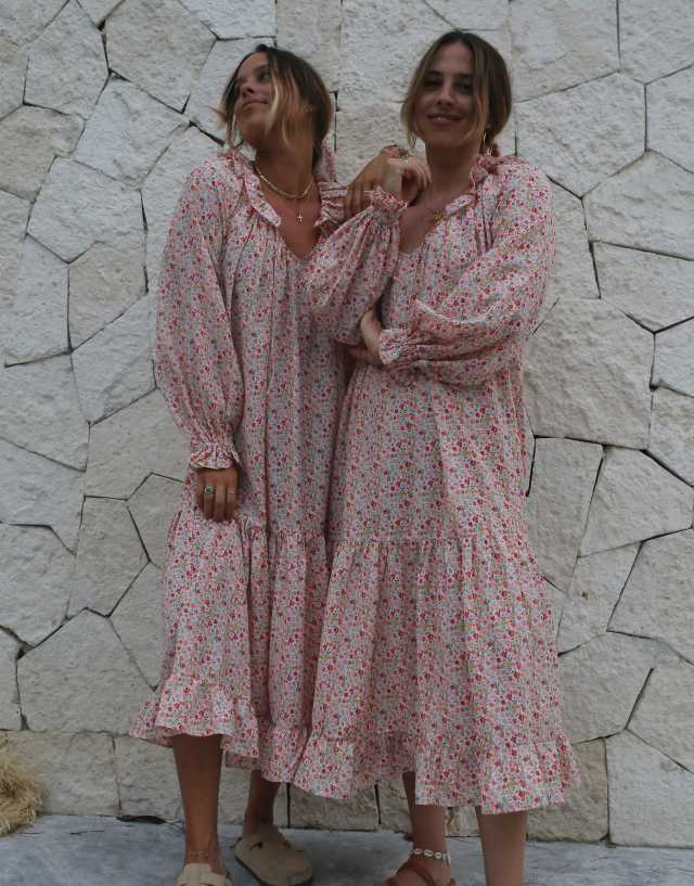 Labelrail x Collyer Twins ruffle midaxi dress with balloon sleeves in pink ditsy print