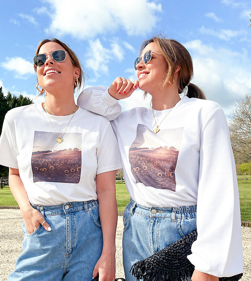 Labelrail x Collyer Twins - Ruimvallend T-shirt met grafische zonnebloemprint-Wit