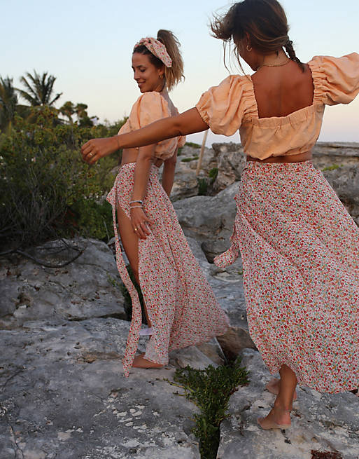 Labelrail x Collyer Twins sarong wrap maxi skirt in ditsy print pink