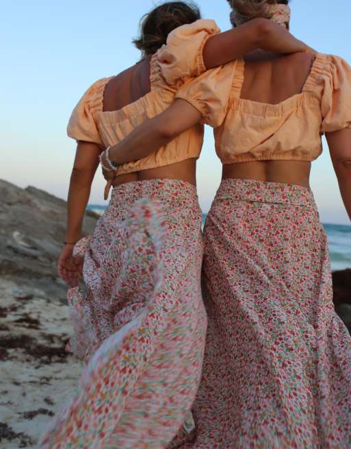 Labelrail x Collyer Twins sarong wrap maxi skirt in ditsy print pink