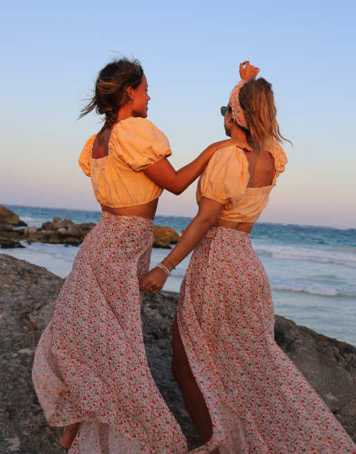 Labelrail x Collyer Twins sarong wrap maxi skirt in ditsy print pink