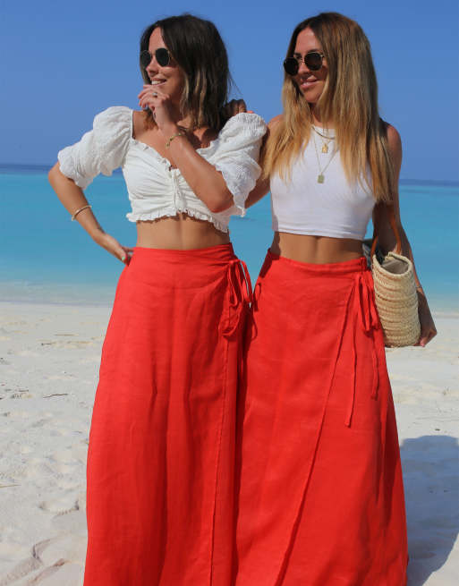 Long red wrap on sale skirt