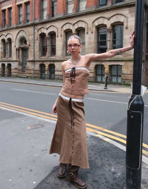 Labelrail x Daisy Birchall bow detail button through midi skirt co-ord in toffee - view 1