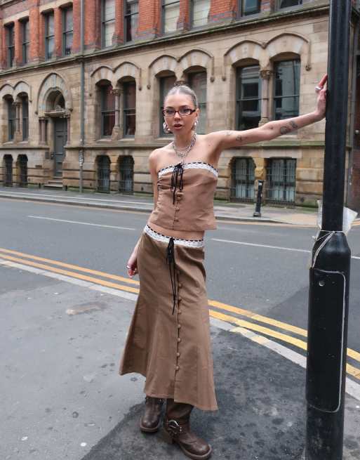 Labelrail x Daisy Birchall bow detail button through midi skirt in toffee (part of a set)