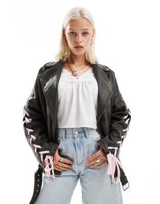 Labelrail x Daisy Birchall ribbon sleeve distressed faux leather jacket in washed black