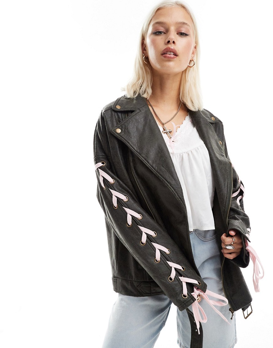 Labelrail X Daisy Birchall Ribbon Sleeve Distressed Faux Leather Jacket In Washed Black