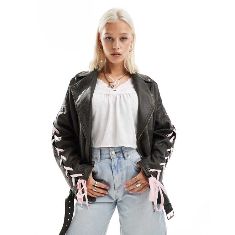 Labelrail x Daisy Birchall ribbon sleeve distressed faux leather