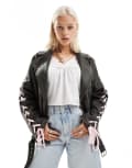 [Labelrail] Labelrail x Daisy Birchall ribbon sleeve distressed faux leather jacket in washed black 14 Black/pink