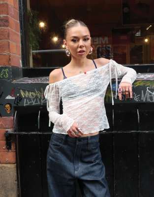 Labelrail x Daisy Birchall rosebud detail lace long sleeve top in white - view 1