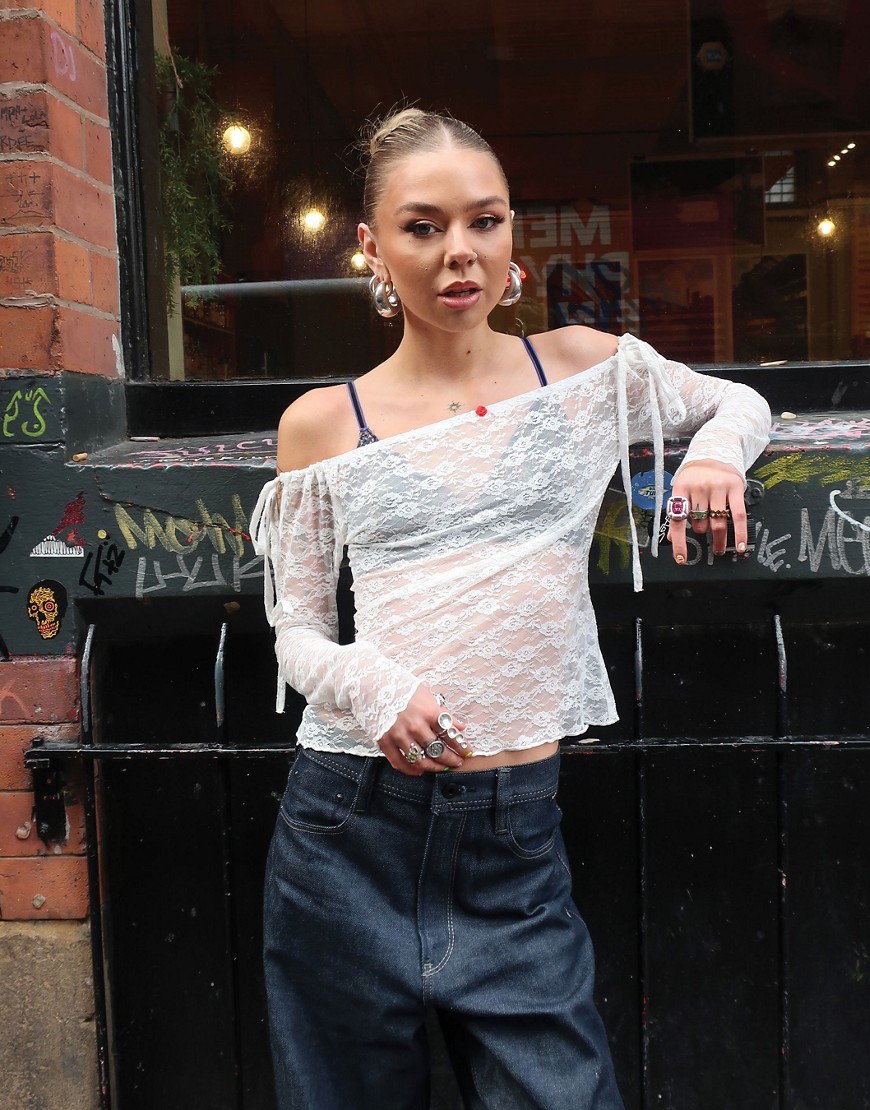 Labelrail x Daisy Birchall rosebud detail lace long sleeve top in white