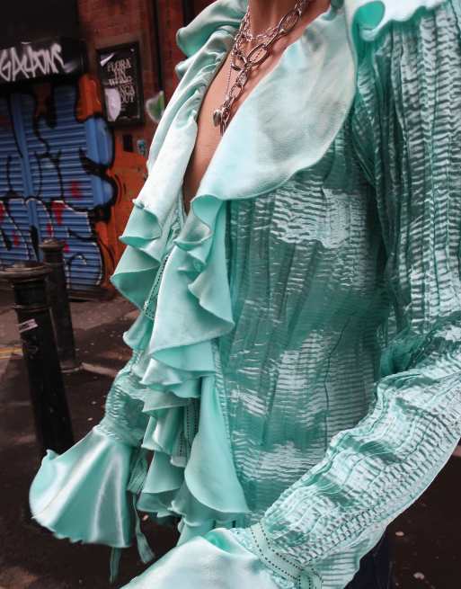 トップス Andequal piping bulky frill blouse Solid Color Pleated Detail Ruffle Neck Long Sleeve Blouse