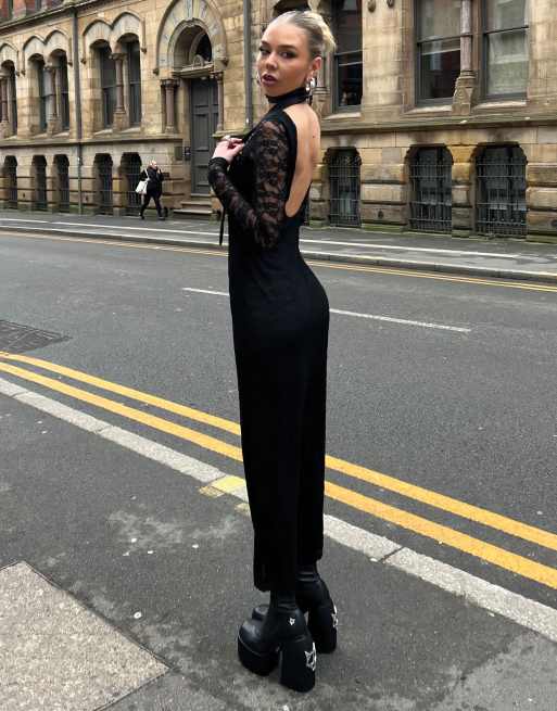 Labelrail x Daisy Birchall - Vestito a colonna taglio lungo in pizzo nero con fiocco