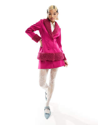 Labelrail X Dyspnea Faux Fur Trim Fitted Blazer Jacket In Magenta - Part Of A Set-pink