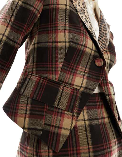 Labelrail x Dyspnea checked leopard trim fitted jacket in brown - part of a set 