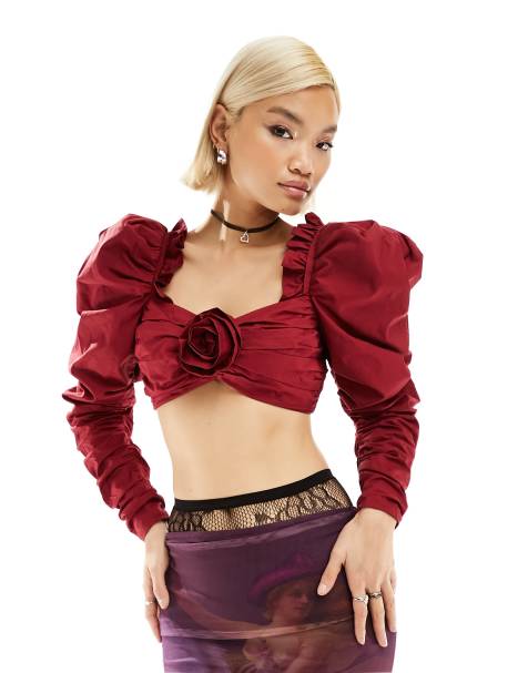 Labelrail x Dyspnea corsage detail puff sleeve rococo cropped blouse in oxblood