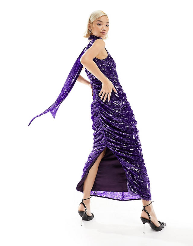 Labelrail - x dyspnea drape detail sequin maxi dress in purple