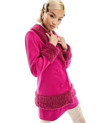 Labelrail X Dyspnea Faux Fur Trim Fitted Blazer Jacket In Magenta - Part Of A Set-pink