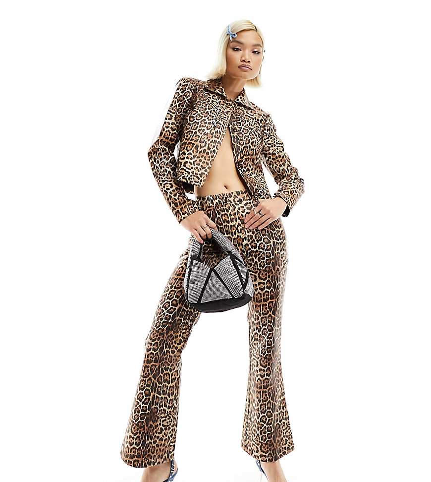 Labelrail x Dyspnea faux leather leopard print flared trousers co-ord in multi