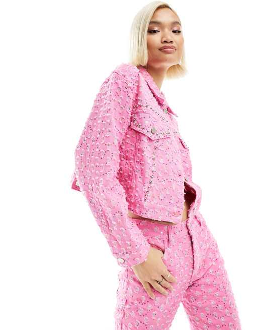 Labelrail x Dyspnea - Giacca di jeans stile rodeo western rosa decorata in coordinato