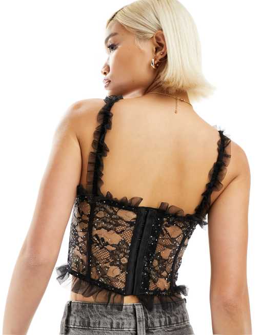 Labelrail x Dyspnea mesh ruffle glitter corset top in black