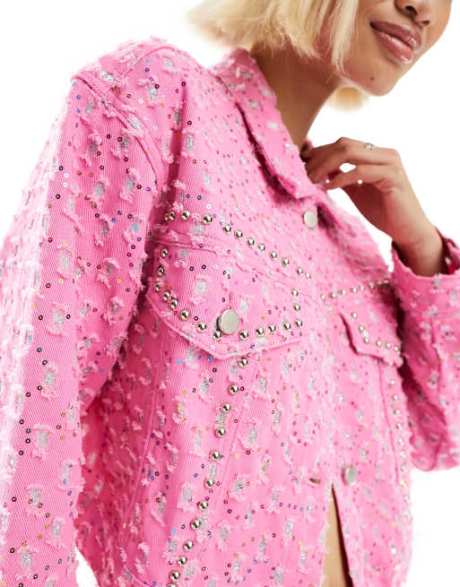 Labelrail x Dyspnea - Rodeo western denim jack met versiering in roze, deel van co-ord set, 3 van 4