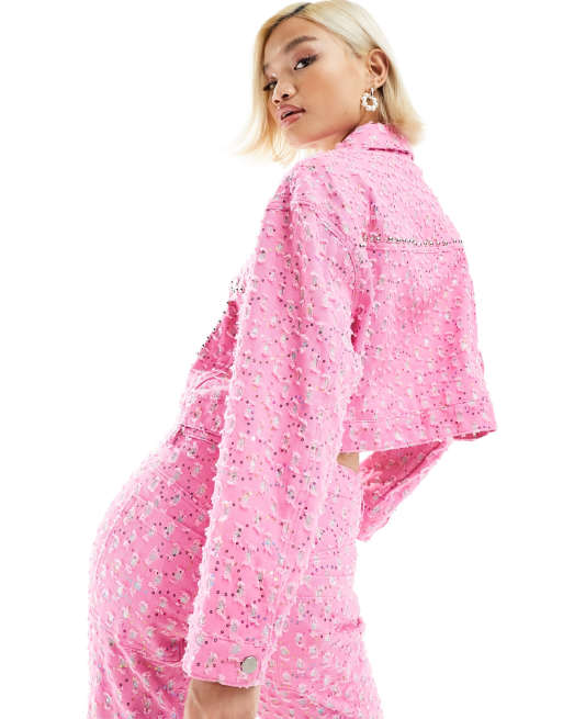 Labelrail x Dyspnea - Rodeo western denim jack met versiering in roze, deel van co-ord set, 4 van 4