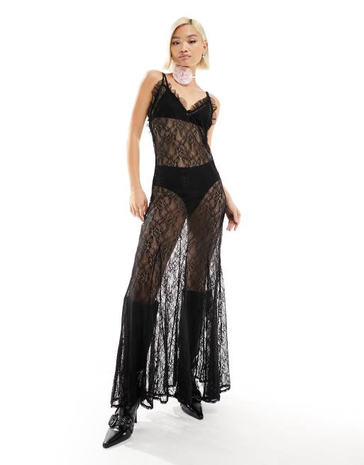Labelrail x Dyspnea - Vestito con spalline sottili lungo in pizzo trasparente nero con dettagli godet