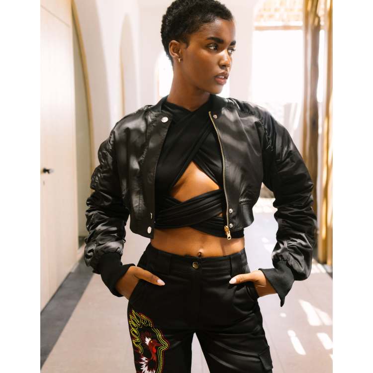 Labelrail x Eva Apio cropped bomber jacket with ruched sleeves in black