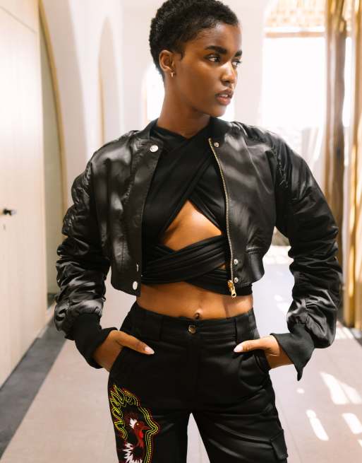 Labelrail x Eva Apio cropped bomber jacket with ruched sleeves in black