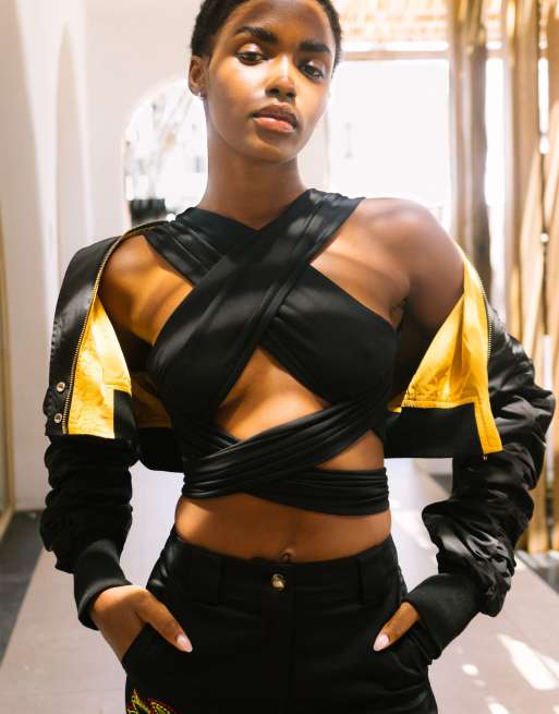 Labelrail x Eva Apio cropped bomber jacket with ruched sleeves in black