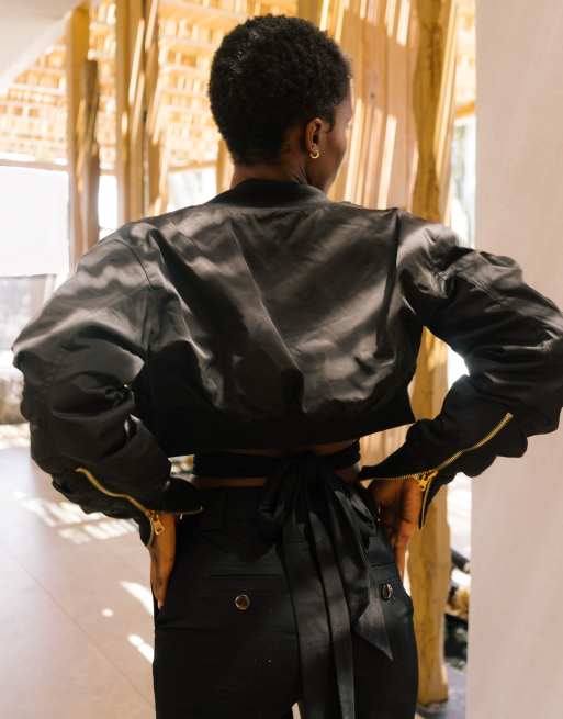 Labelrail x Eva Apio cropped bomber jacket with ruched sleeves in black, 3 of 4