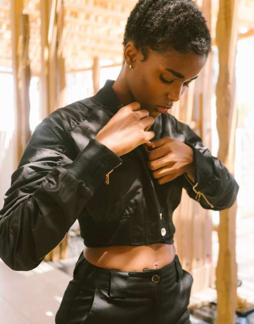 Black Faux Leather Ruched Sleeve Cropped Bomber Jacket