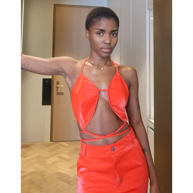 Labelrail x Eva Apio faux leather strappy halter top co-ord in hot