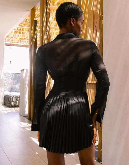 Labelrail x Eva Apio pleated corset mini shirt dress in black, 3 of 4
