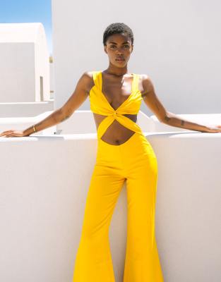 Shop Labelrail x Eva Apio twist front jumpsuit in mustard yellow Online – Trendy & Affordable Fashion