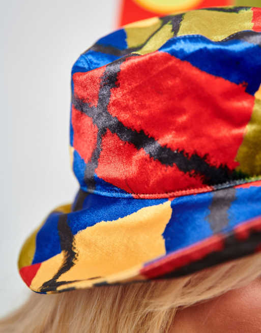 Labelrail x Francesca Perks check print velvet bucket hat in multi, 3 of 4