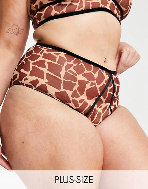 Labelrail x Francesca Perks giraffe print high-waist mesh briefs in rust co-ord