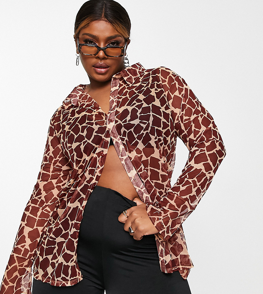 Plus-size shirt by Labelrail Exclusive to ASOS Collaboration with influencer Francesca Perks All-over giraffe print Spread collar Button placket Fluted cuffs Regular fit
